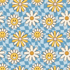 Vintage groovy flowers. Retro hippie style, floral vector seamless pattern, background 60s, 70s, 80s. Psychedelic chess board, fashionable print