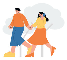 Happy couple walking together outdoor. Woman talking smartphone. Flat vector minimalist illustration of relationship and people