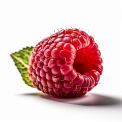 Macro shot of a fresh delicious ideal  raspberry, with green leaves, isolated on a white background, photorealism, minimalism, food photography