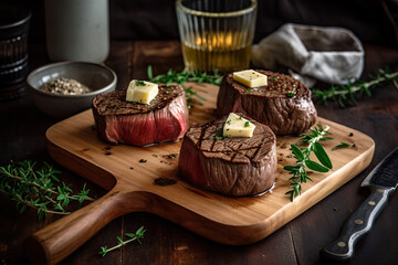 juicy grillet fillet mignon with butter on rustic wooden table with vegetables. Ai generative - obrazy, fototapety, plakaty