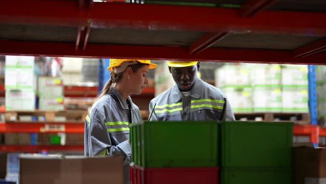 Warehouse Collaboration: Two workers in hard hats and high-visibility vests collaborate in a busy warehouse, surrounded by shelves stacked with boxes and containers.