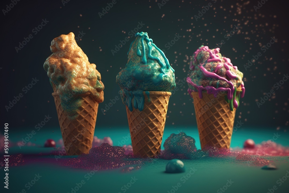 Poster a collection of three sprinkle-topped ice cream cones in a group generative ai generative ai