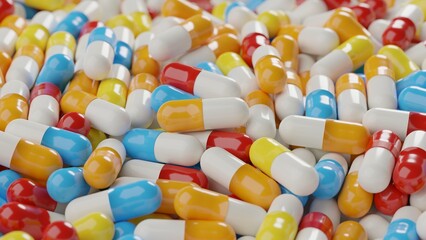 Bunch of various colors white capsule pills on a white background - Medicine healthcare medicaments