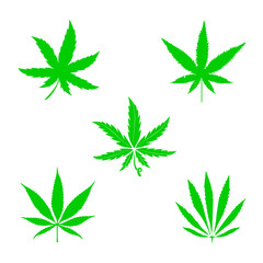 Cannabis leafs vecteurs set - five familly cannabis variety - sativa - indica, ruderalis, CBD, hemp