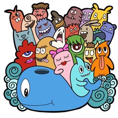 Hand-drawn illustrations, monsters doodle, Hand Drawn cartoon monster illustration,Cartoon crowd doodle hand-drawn Doodle style.