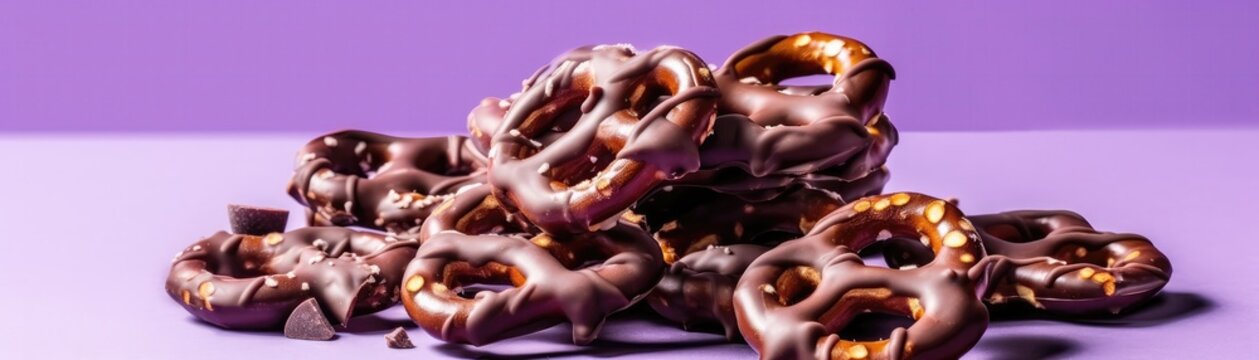 Chocolatecovered Pretzels Standing On Gradient White Purple Background Wide Panoramic. Generative AI