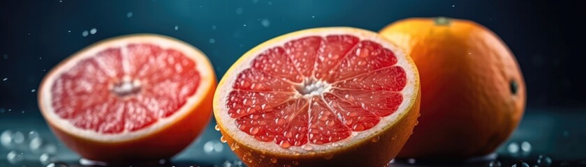 Grapefruits With Droplets Standing On Blue Background Wide Panoramic. Generative AI