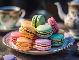 Obraz premium Sweet and colourful french macaroons on retro-vintage background. Ai generated