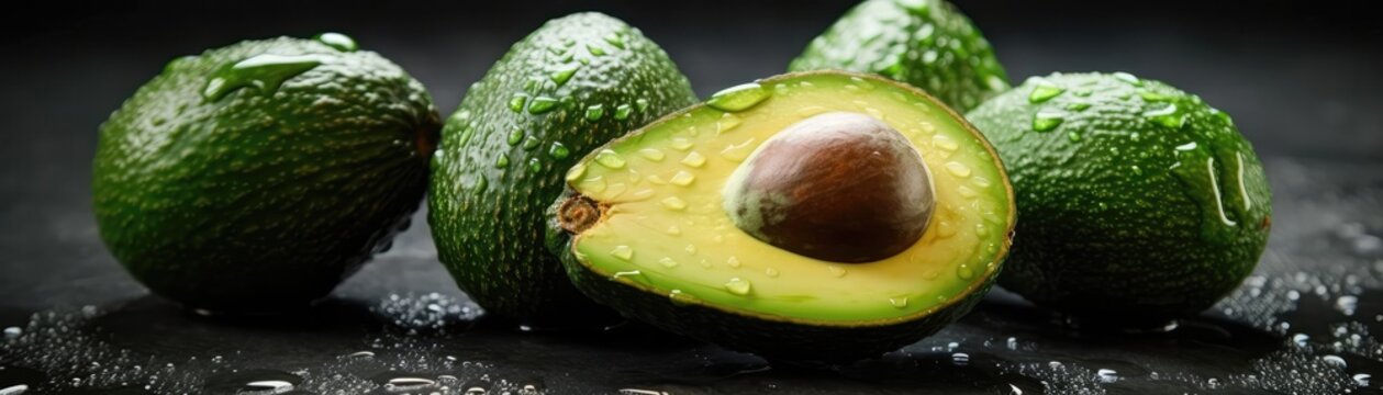 Green Avocadoes With Droplets Standing On White Background Wide Panoramic. Generative AI