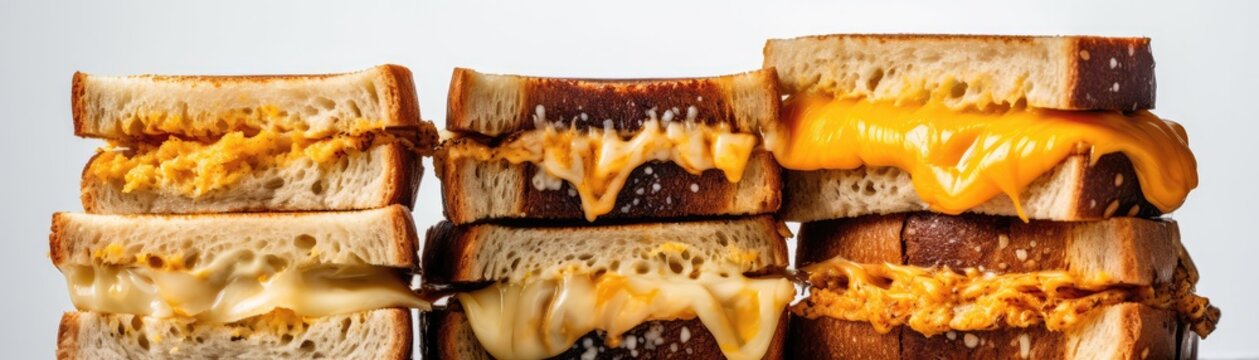 Grilled Cheese Sandwiches Standing On White Background Wide Panoramic. Generative AI