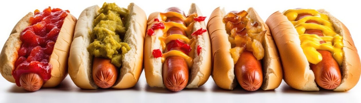 Hot Dogs Standing On White Background Wide Panoramic. Generative AI