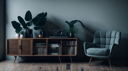Retro mid century cushion armchair, vinyl record player on wooden cabinet wth plants on white vases and wooden flooring in a moody light and gray walls, background. AI Generated.