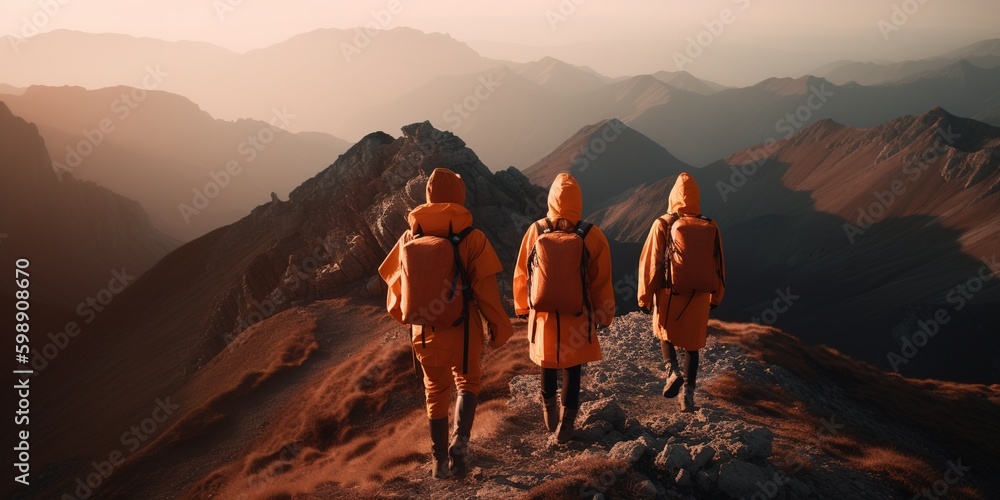 Poster three persons making their way up a mountain in a group. generative ai generative ai