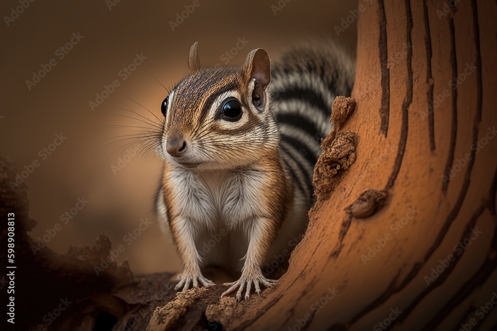 Poster a chipmunk, or indian palm squirrel, securely planted on the trunk of a tree. generative ai generati