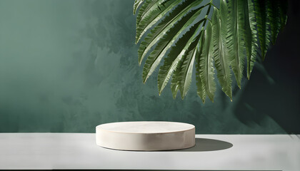 spa still life, tropical palm tree in sunlight on dark green wall background for luxury organic cosmetic, skin care, beauty treatment product display, modern polished concrete cement round podium2.png