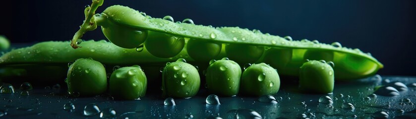 Naklejka premium Peas With Droplets On A Blue Background. Generative AI