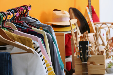 Many different items in room. Garage sale