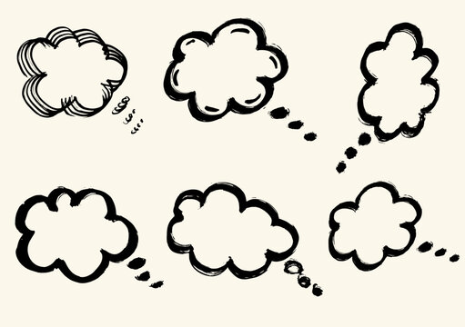 Set of brush hand drawn thinking clouds. Doodle chat cartoon bubbles. Vector, isolated