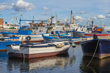 Boats in Porticello area of Santa Flavia city over Tyrrhenian Sea near Palermo on Sicily Island, Italy