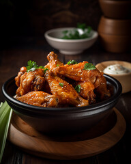 Buffalo wings, served hot and crispy with a side of tangy sauce arranged in a neat pile, with golden-brown skin that glistens in the light. AI image