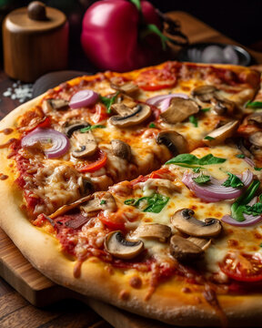 close-up shot of a freshly baked pizza straight out of the oven with melted cheese, vibrant red tomato sauce, and an assortment of toppings. AI image.