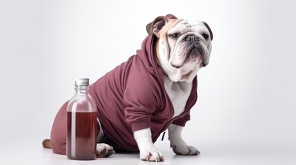 Bulldog Dog In A Tracksuit Holding A Sports Water Bottle On White Background. Generative AI