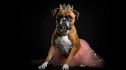 Boxer Dog Wearing A Princess Costume And A Tiara On Black Background. Generative AI