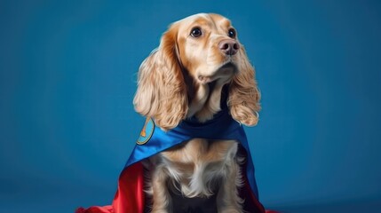 Cocker Spaniel Dog In A Superhero Costume With A Cape And Mask On Blue Background. Generative AI