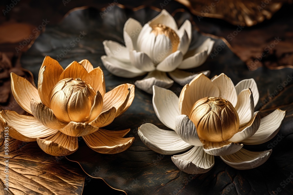 Poster a single leaf with three golden and white blossoms on it generative ai generative ai