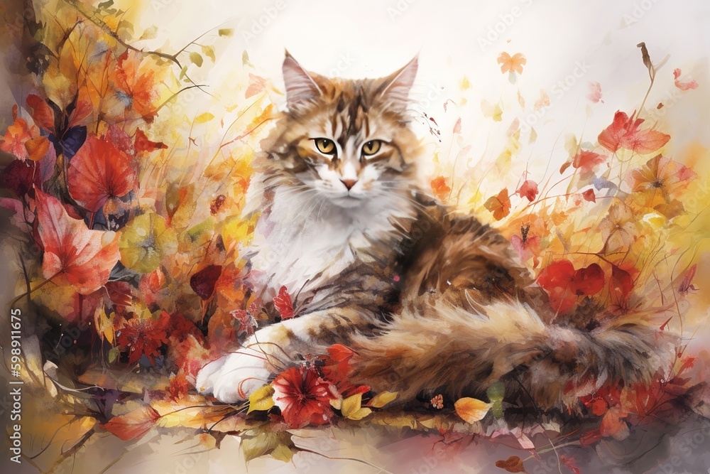 Poster a cartoon depiction of a cat relaxing in the middle of a field of flowers generative ai generative a