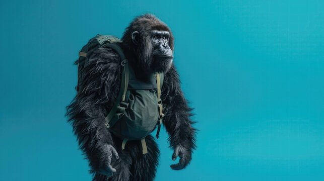 Gorilla Monkey With Braided Hair And A Backpack On Blue Background. Generative AI