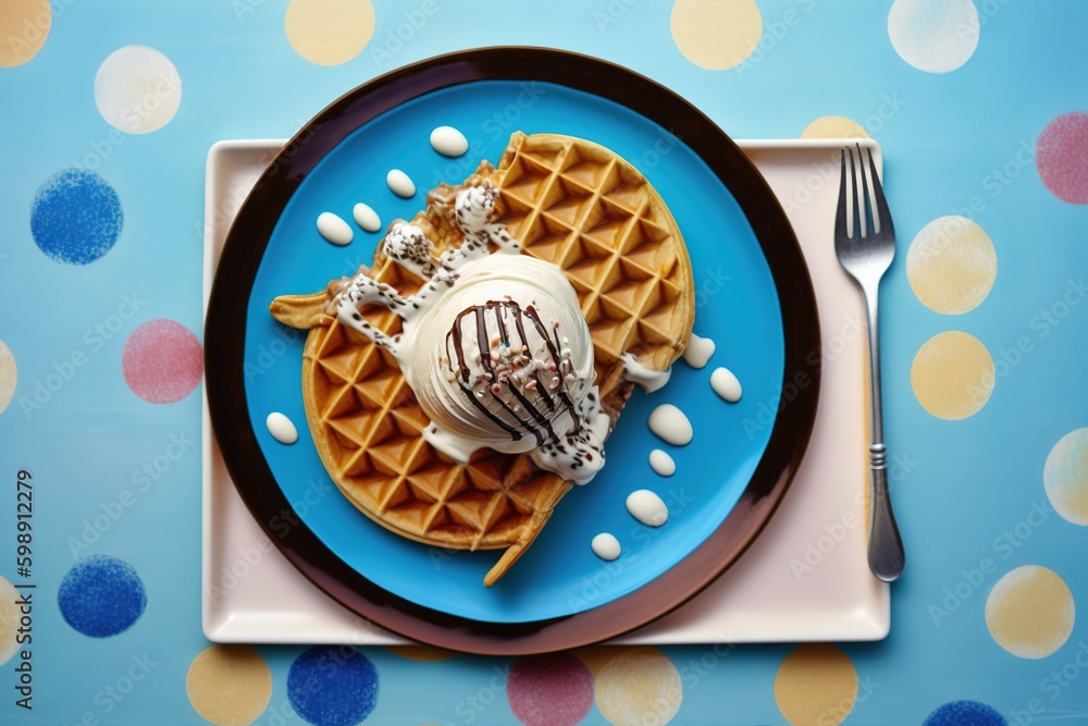 Poster ice cream and waffles at an acute angle on a platter. generative ai generative ai