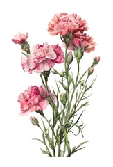 Watercolor illustration of a bouquet of pink carnations isolated on white background. Generative AI.