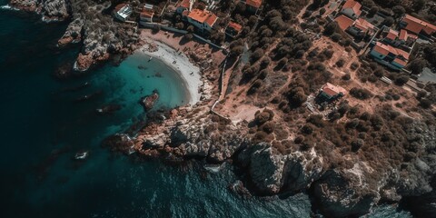 Fototapeta na wymiar An aerial image of beach and coastline.top down view of beach, rock and sea with water waves. summer vacation holidays background. Generative AI