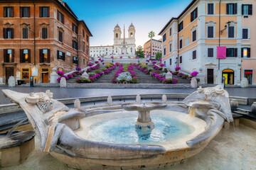 Spanish Steps in the morning with azaleas in Rome, Italy. - obrazy, fototapety, plakaty
