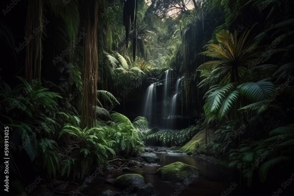 Poster a waterfall situated smack dab in the center of a verdant woodland generative ai generative ai
