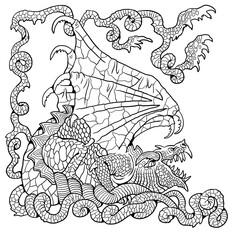 Dragon coloring page. Fantasy illustration with mythical creature. Dragon drawing coloring sheet.	