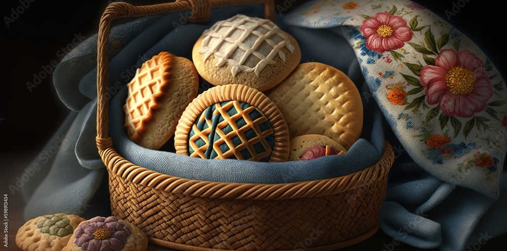 Poster amazing sweets displayed in a cloth and basket at eye level generative ai generative ai