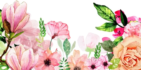 Foto op Canvas Sfondo floreale con delicati fiori ad acquerello isolati su sfondo bianco © sommaria