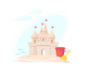 Sand castle with towers, gates and flags on shore of sea bay on sunny day. Children's red plastic bucket and yellow scoop to play in sandpit. Vector illustration of beach holiday.