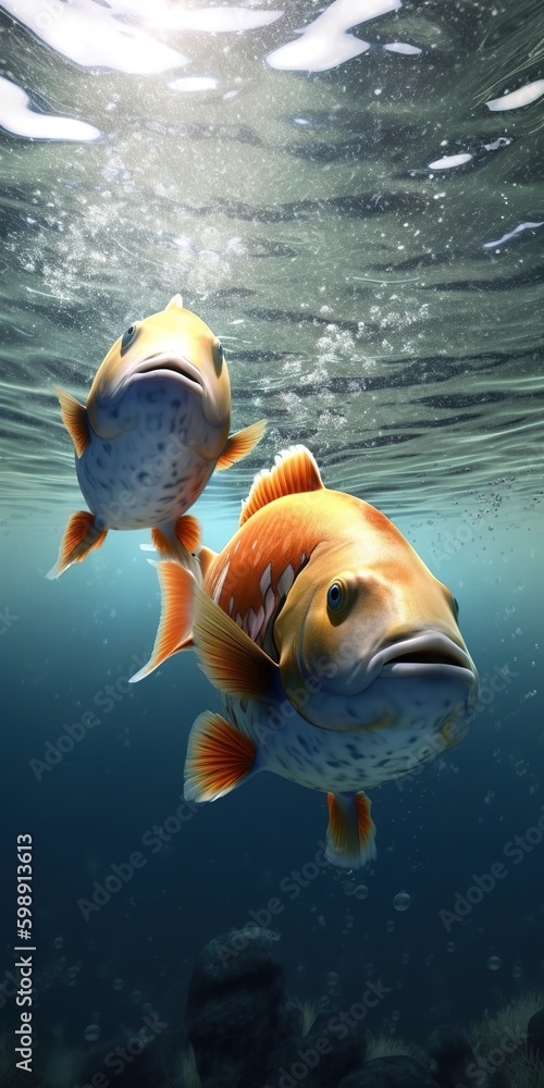 Poster two fish may be seen navigating the water near some rocks. generative ai generative ai