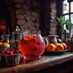 Kompot Fruit Drink On Stone In Rustic Pub Ukrainian Dishes. Generative AI