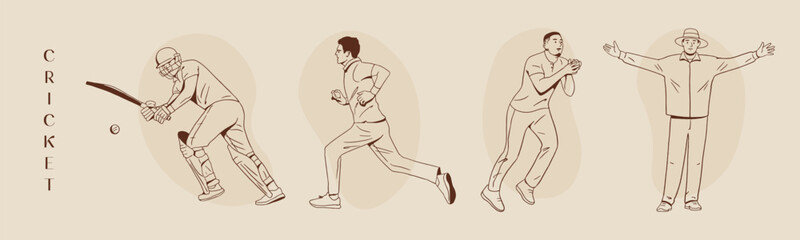 Isolated line art Vector illustration of cricket players and umpire, IPL Cricket.