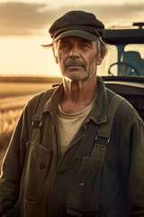 Fototapeta premium A man standing in front of a truck in a field. AI generative.