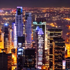 A modern city skyline at night, illuminated by street lights and skyscrapers.
