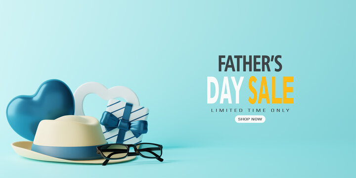 3d Rendering. Father's Day Sale Banner illustration on blue background.