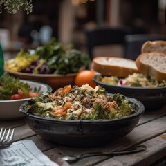 Salads On Stone In Rustic Pub. Generative AI