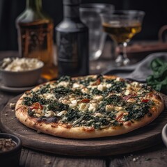 Spinach And Feta Pizza On Stone In Rustic Pub. Generative AI
