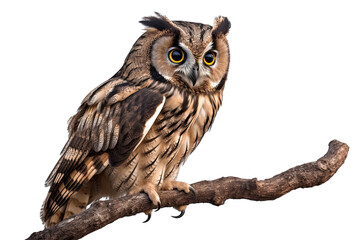 Owl on a branch isolated on white, transparent background, PNG, generative ai