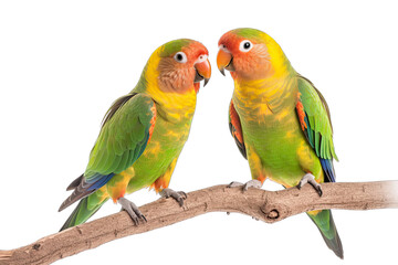 Obraz na płótnie Canvas two love birds on a tree branch isolated on white, transparent background, PNG, generative ai